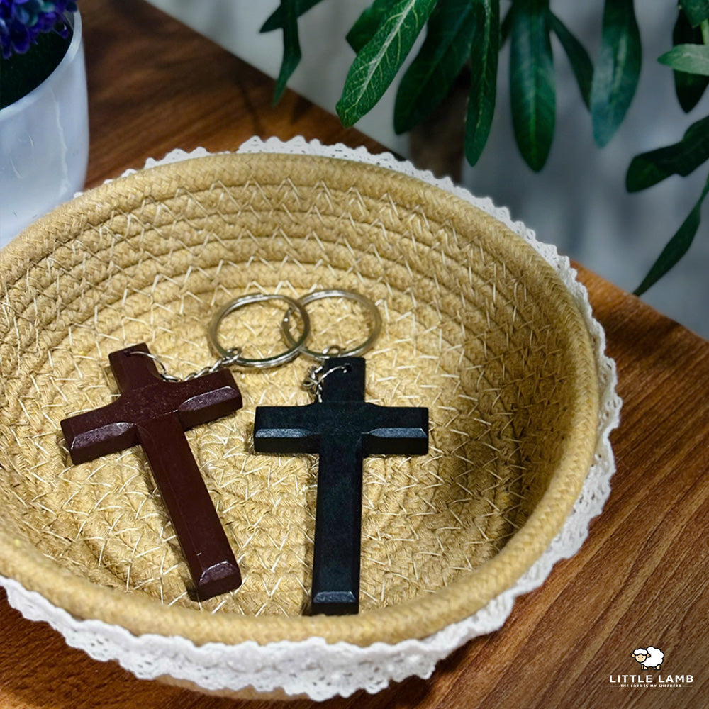 Handcrafted Wooden Cross Keychain - Rustic Christian Comfort Pocket Cross - Minimalist Faith Keyring Gift for Men & Women (Brown & Black)
