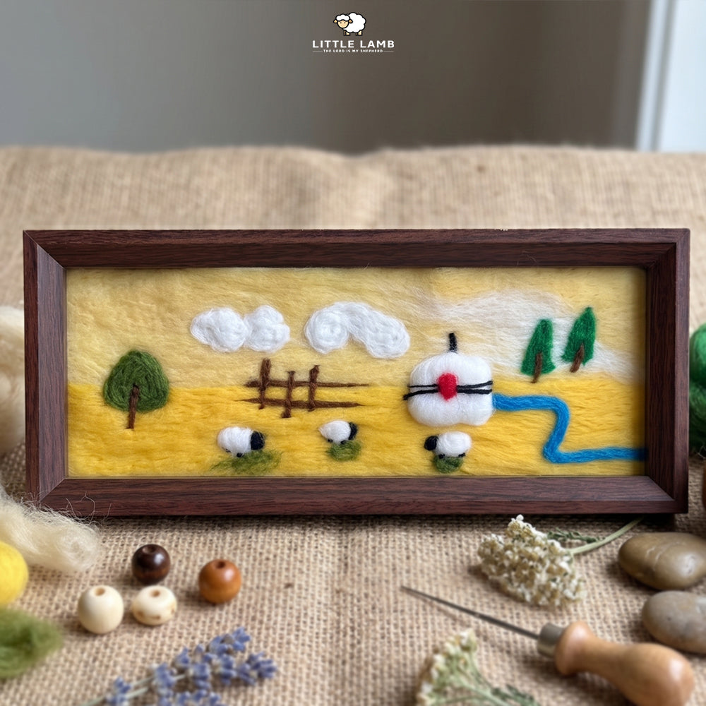 Handmade Wool Felt Sheep Landscape Art, 3D Framed Wool Painting Needle Felted Decor, Cute Christian Pasture Tabletop Art, Gift for Her