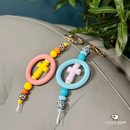 Leopard Print Silicone Circle Cross Keychain - Faith Based Keyring