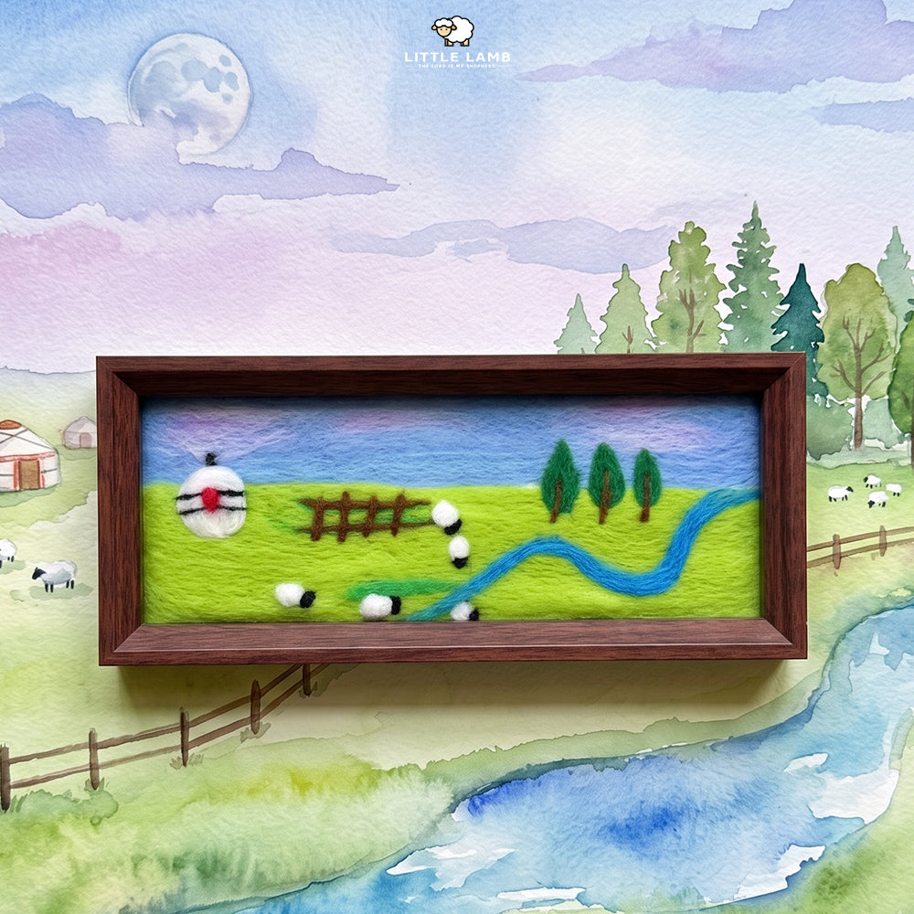 Handmade Wool Felt Sheep Landscape Art, 3D Framed Wool Painting Needle Felted Decor, Cute Christian Pasture Tabletop Art, Gift for Her