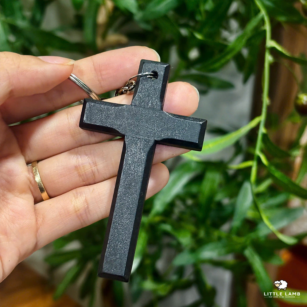 Handcrafted Wooden Cross Keychain - Rustic Christian Comfort Pocket Cross - Minimalist Faith Keyring Gift for Men & Women (Brown & Black)