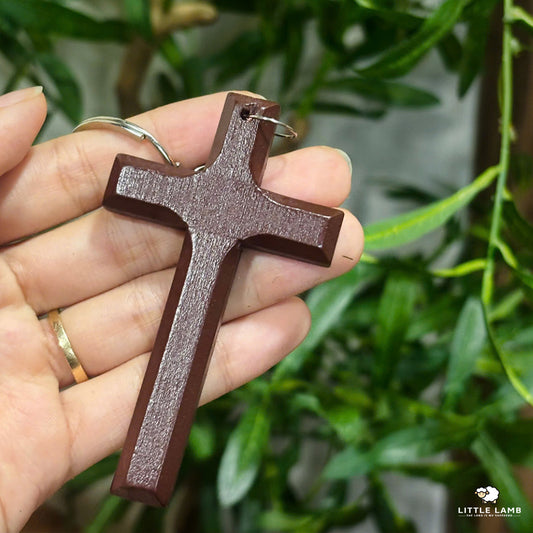Handcrafted Wooden Cross Keychain - Rustic Christian Comfort Pocket Cross - Minimalist Faith Keyring Gift for Men & Women (Brown & Black)