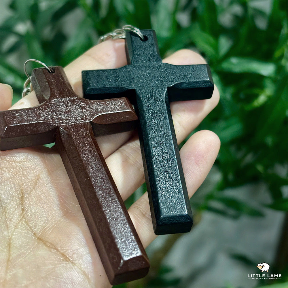 Handcrafted Wooden Cross Keychain - Rustic Christian Comfort Pocket Cross - Minimalist Faith Keyring Gift for Men & Women (Brown & Black)